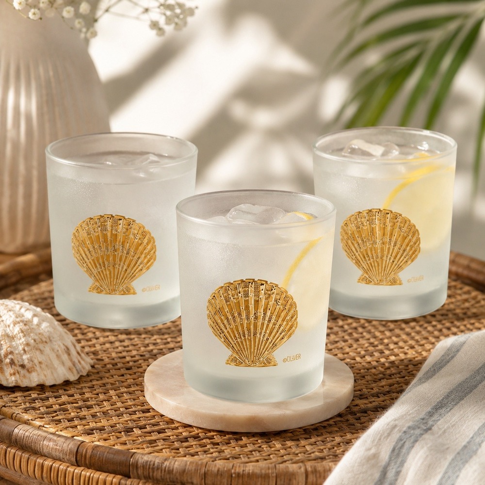 Culver Vintage Frosted Gold Seashell Rocks Glasses Set of 3 MCM Barware